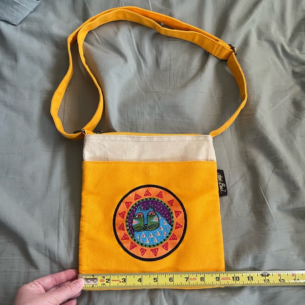 Laurel Burch Vintage Yellow Crossbody Bag with Embroidered Cat Design